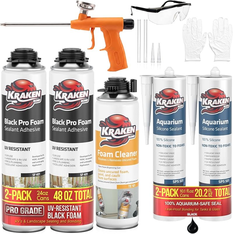 Kraken Bond Black Spray Waterfall Foam Sealant 2x24 oz & Aquarium Silicone Sealant 2x10.1 fl. oz