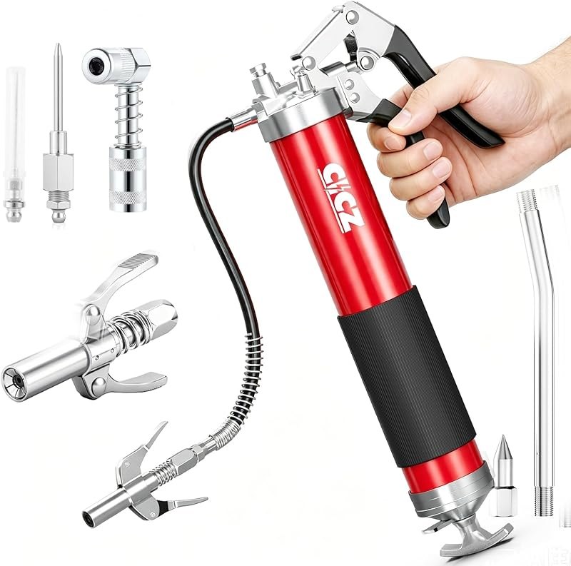 8000 PSI Grease Gun Kit: Heavy Duty Pistol Grip Grease Gun with 14oz Capacity, Quick-Release Coupler, 90°Adapter