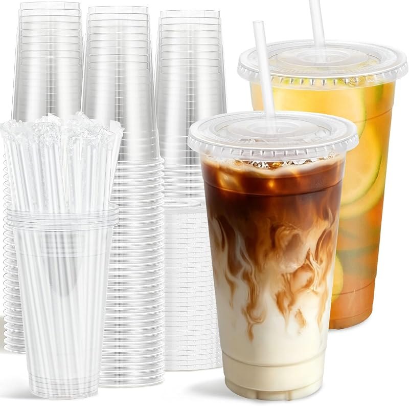 Clawsoff 100 Pack 24 oz Clear Plastic Cups with Lids and Straws Disposable — Coffee heavy duty for coffee kit