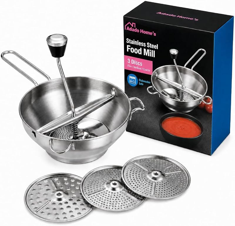 Stainless Steel Food Mill with 3 Milling Discs, Heavy Duty Manual Food Grinder and Strainer, Potato Masher for Mashed