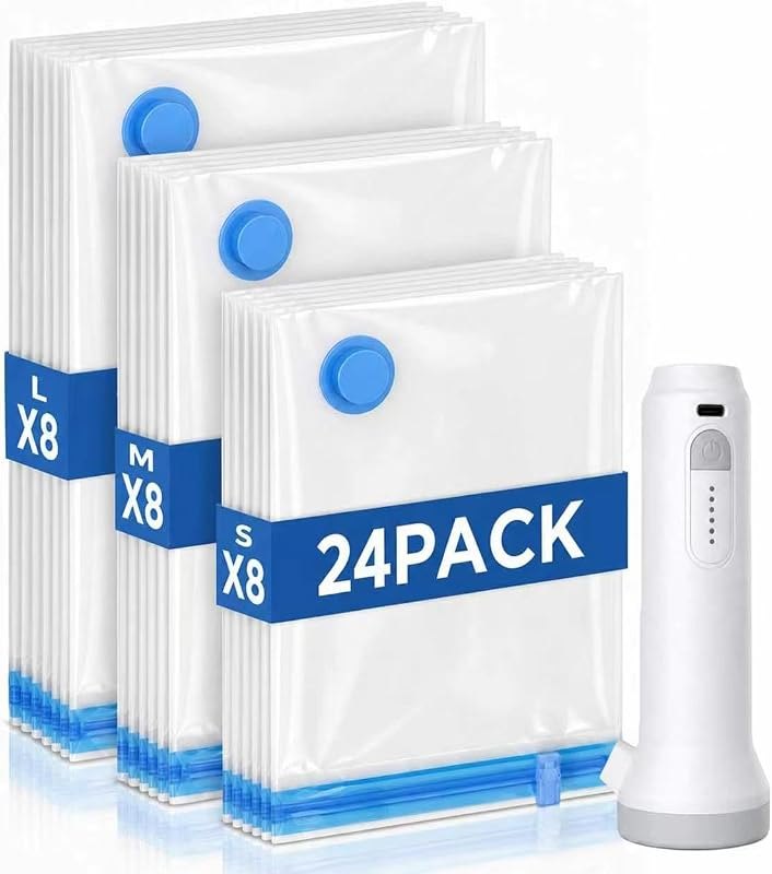 24 Pack Travel Vacuum Storage Bags with Rechargeable Cordless Pump, 3 Sizes — bags for best robot vacuum