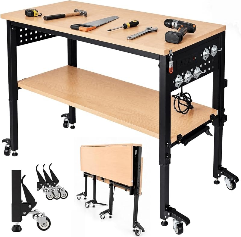 60" Heavy Duty Foldable Workbench with Transformable Wheels Adjustable Height, Rubberwood Table & Carbon Steel Frame