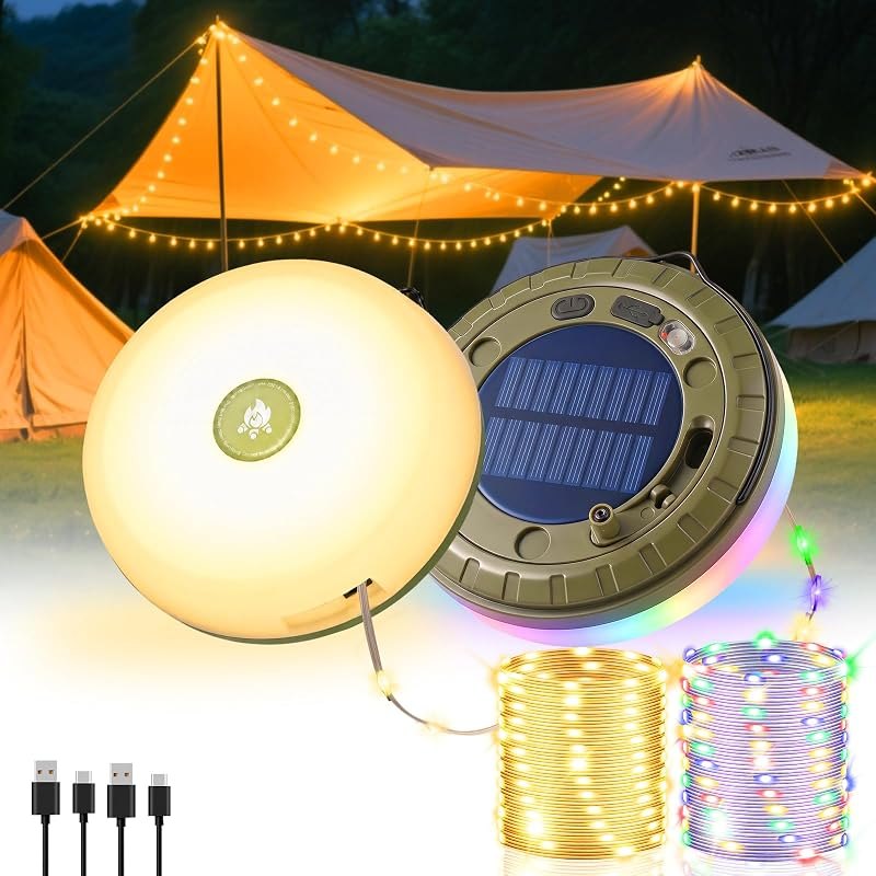 2Pack Solar Camping String Lights, 32.8FT Warm/RGB Rechargeable Tent Lights — string lights for best camping lantern