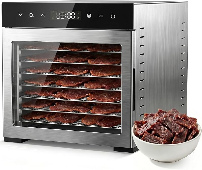 OLIXIS Food Dehydrator Machine, 500W Jerky Dehydrators with 8 Stainless Steel Large Trays, 185°F Temperature Control &