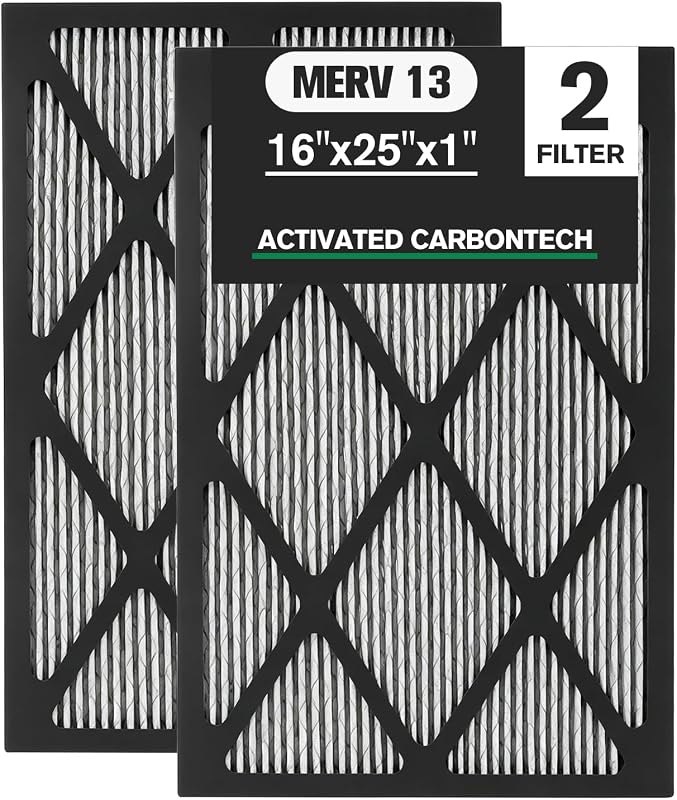 16x25x1 Air Filter MERV 13 with Activated-Carbon Tech, Heavy Duty 3 Layer Furnace & HVAC Filters, MERV-13 Air