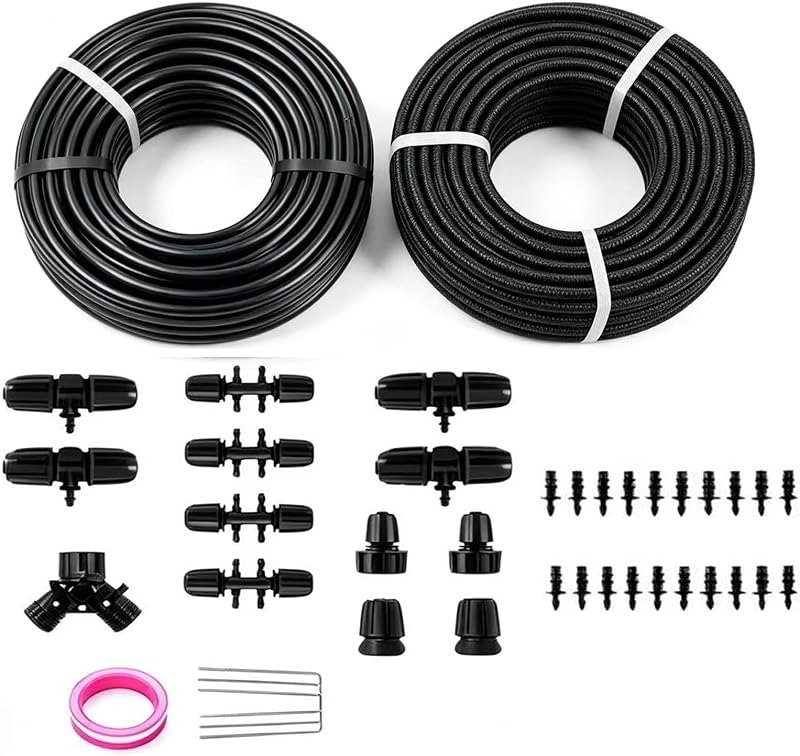 130FT Soaker Hose Drip Kit, Dual-System Garden Watering System with Porous Weep Hose & 1/4" Blank Drip Line Kit with