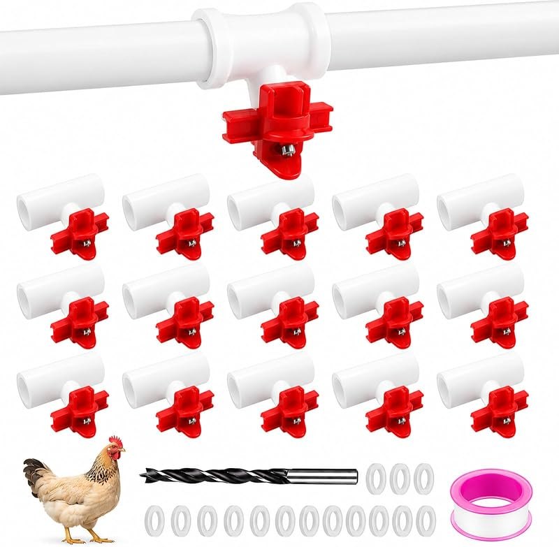 15-Pack Horizontal Chicken Nipples Waterer with 1/2" PVC Tee Fittings, Automatic Poultry Waterer Kit for DIY Chicken