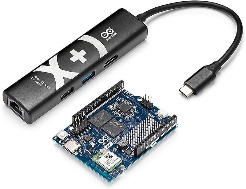 Arduino UNO Q 4GB AI Board + USB‑C Hub 8‑in‑1 with HDMI, Ethernet, USB Ports, Linux SBC Kit — AI kit for essentials