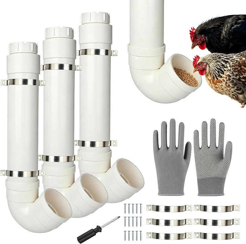 3Pcs PVC Chicken Feeder, Hanging PVC Pipe Chicken Feeder Tube Kit with Lid — Chicken Coop no leak for chicken coop kit