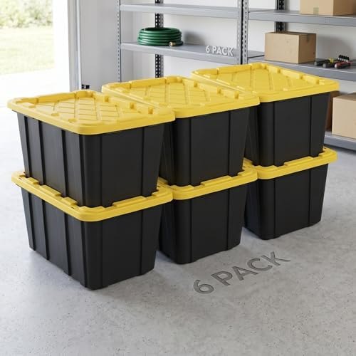 6 Pack 27 Gallon Heavy Duty Storage Bins with Snap Lids, Durable Plastic Storage Totes with Stackable Black Containers
