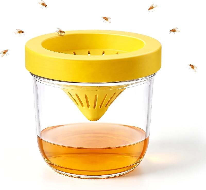Reusable Fruit Fly Trap Jar, Glass Fly Catcher with Yellow Lid