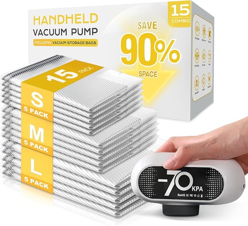 15 Pack Travel Vacuum Bags with Electric Pump, 70KPa Vacuum Storage Bags for Clothing, Reusable Space Saver Bags for
