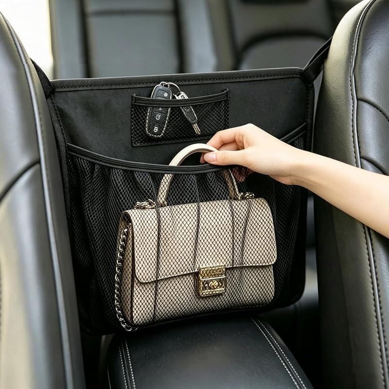 Car Purse Holder Between Seats, Upgraded PU Leather & Mesh Car Organizer Front Seat with Cup Holders, Tissue Holder