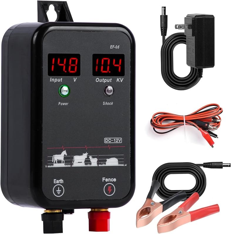 5Miles/8KM Electric Fence Charger,Output 10kV AC/DC Electric Fence Energizer 1 Joule with LED,Portable Electric Fence