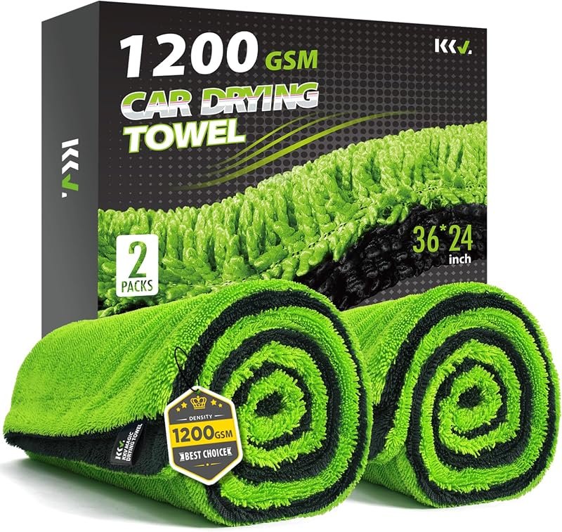 KKV 2-Pack Microfiber Car Drying Towels, 36 x 24 Inches, Dual-Sided 1200GSM Twisted Loop Car Towels, Super Absorbent