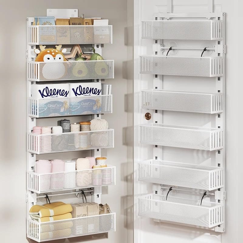Over The Door Organizer, 6-Tier Heavy-Duty Metal Mesh Rack, Adjustable Large Baskets, 2-in-1 Hanging or Wall Mount