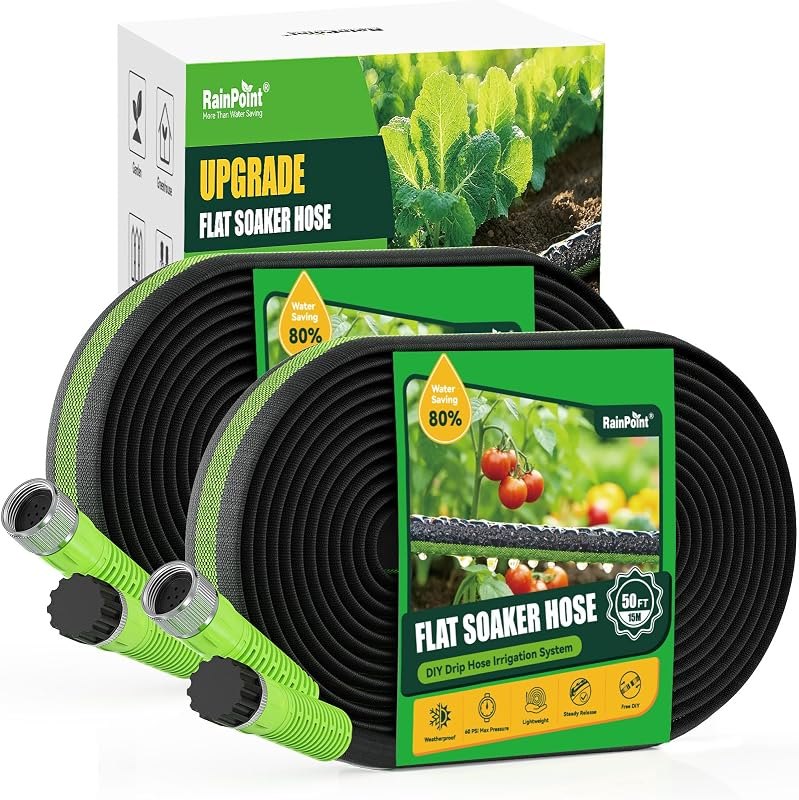 RAINPOINT 100FT Flat Soaker Hose (50FT x 2), Heavy-Duty Flexible Drip Hose — soaker hose pack for soaker hose durable