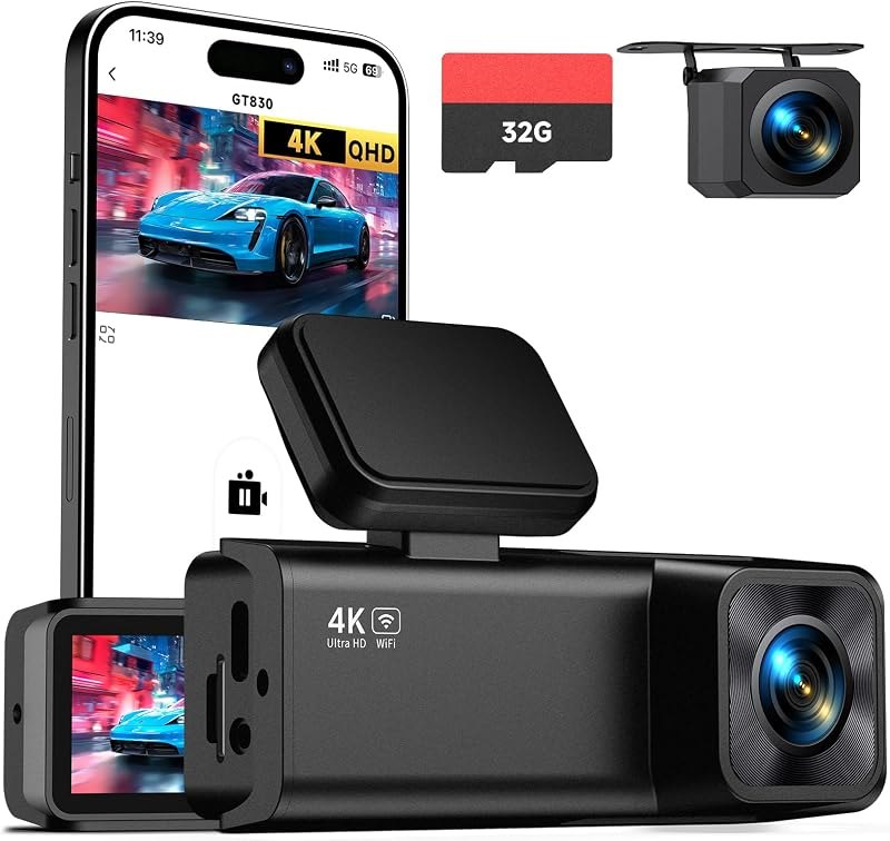 Dash Cam Front and Rear, 4K+1080P Dual Camera for Cars, 32GB Card Included — rear cam for best dash cam travel compact