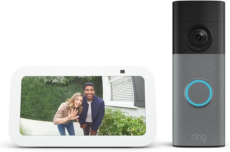 Echo Show 5 Smart Display with Alexa+ & Ring Battery Doorbell Bundle - 2x Bass, Retinal 2K Video, 6x Enhanced Zoom
