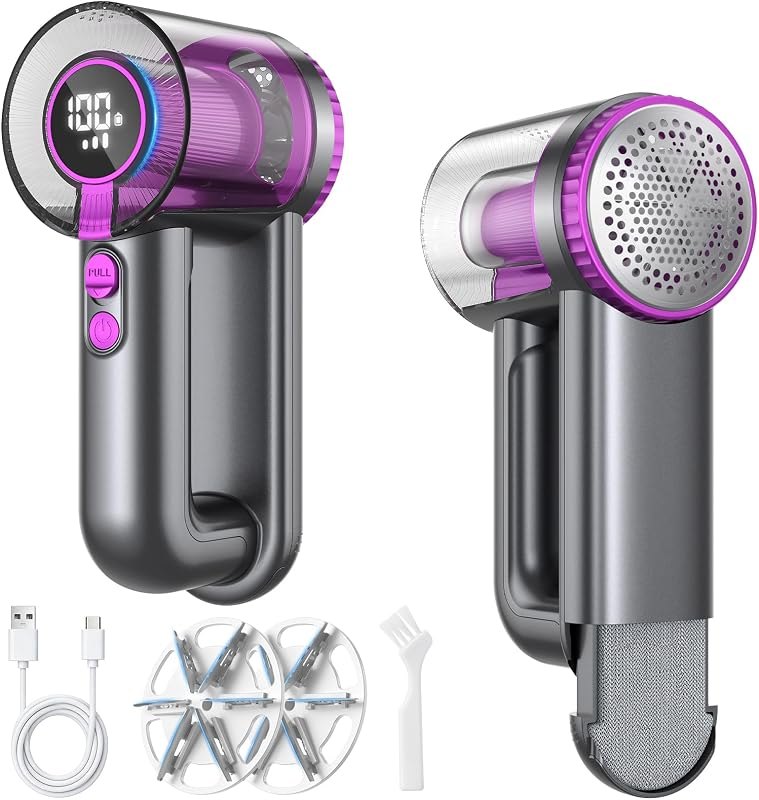 Powerful Fabric Shaver for Clothes, Safe Lint Remover with 2 Extra Replacement Blades, LED Display, Rechargeable