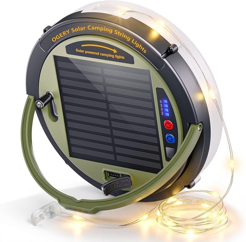 OGERY Solar Camping String Lights, 5400mAh/ 49.2FT/ 11 Modes Rechargeable — string lights for best camping lantern