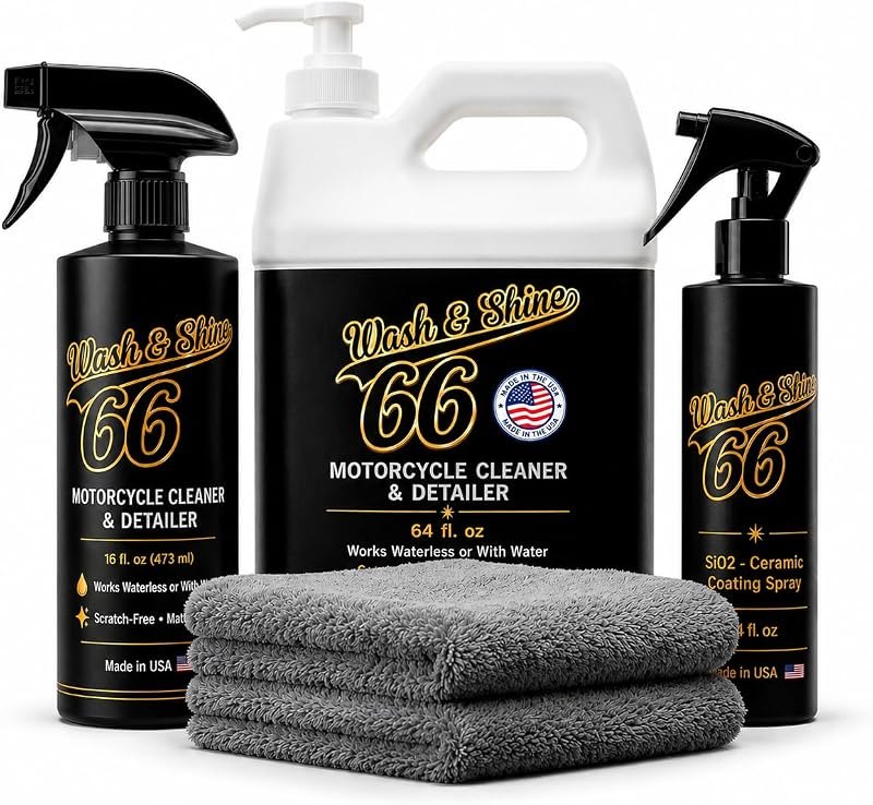 Shinykings Wash&Shine 66™ Pro System Motorcycle Cleaning Kit - Waterless or Wet Motorcycle Wash,16 oz Cleaner + 64 oz