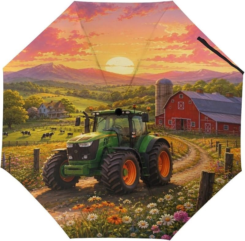 Green Tractor Farm Scene Sunflowers Compact Travel Umbrella for Rain, Windproof Folding Umbrella Small Mini Umbrella —