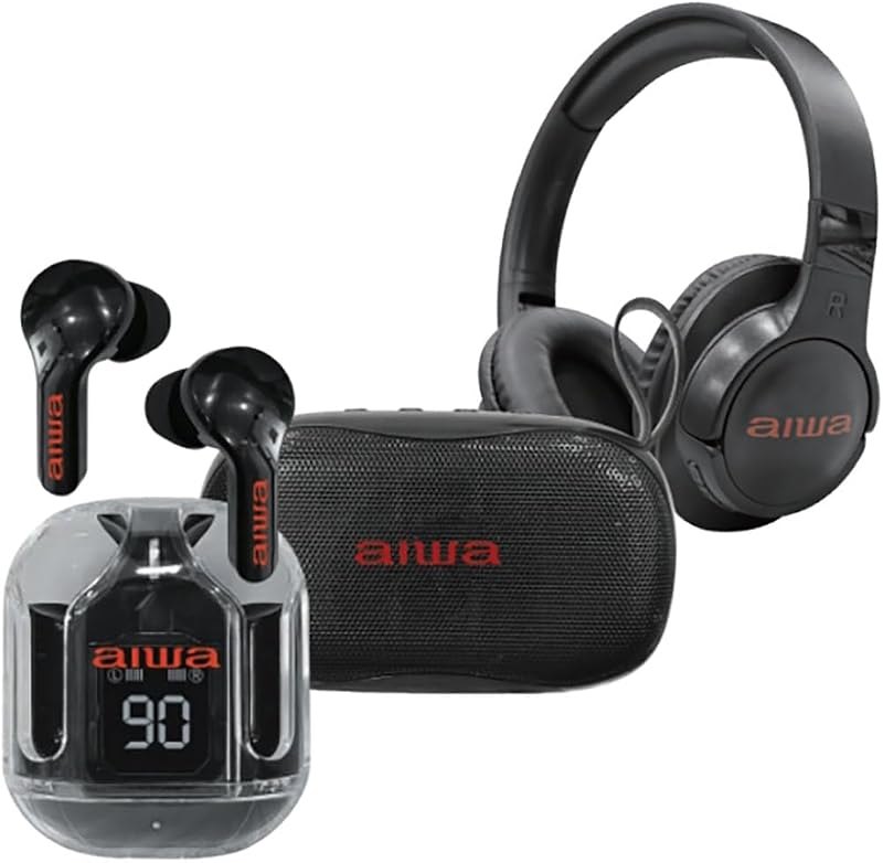 Aiwa AI9006 3-Piece Wireless Audio Kit, Bluetooth Speaker, True Wireless Earbuds & Wireless Headphones Bundle