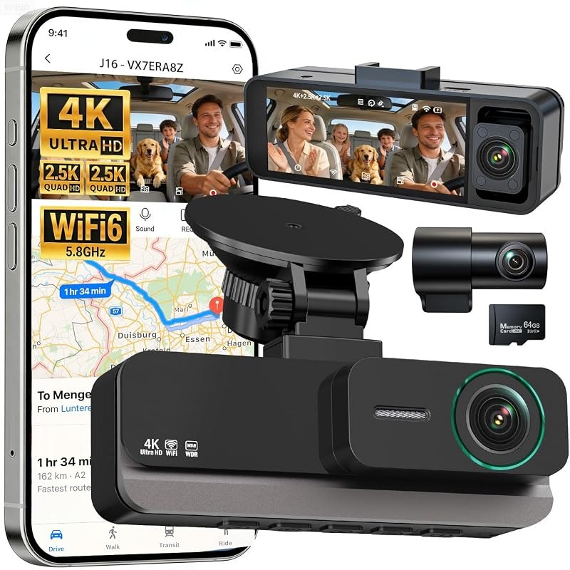 4K+2.5K+2.5K 3 Channel Dash Cam - Front/Rear/Inside - 5.8GHz WiFi 6 Dashcam with IR Night Vision, 64GB Card, 24H