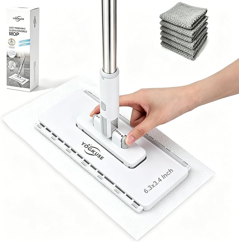 Pawnexa Mop,Clamp Mop,Hands Free Multi Purpose Flat Mops with Squeegee,Snap Grip Mini Mops Use Any Cloth,Zero Touch