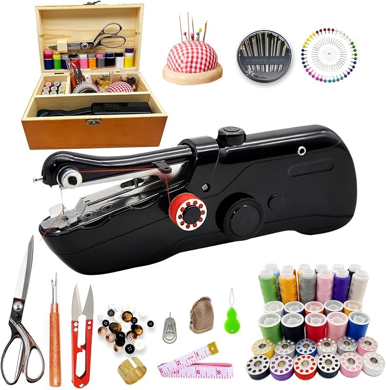 Handheld Sewing Machine with Exquisite Wooden Storage Box & 142-Piece Sewing Kit - Electric Switch, Dual Power Supply