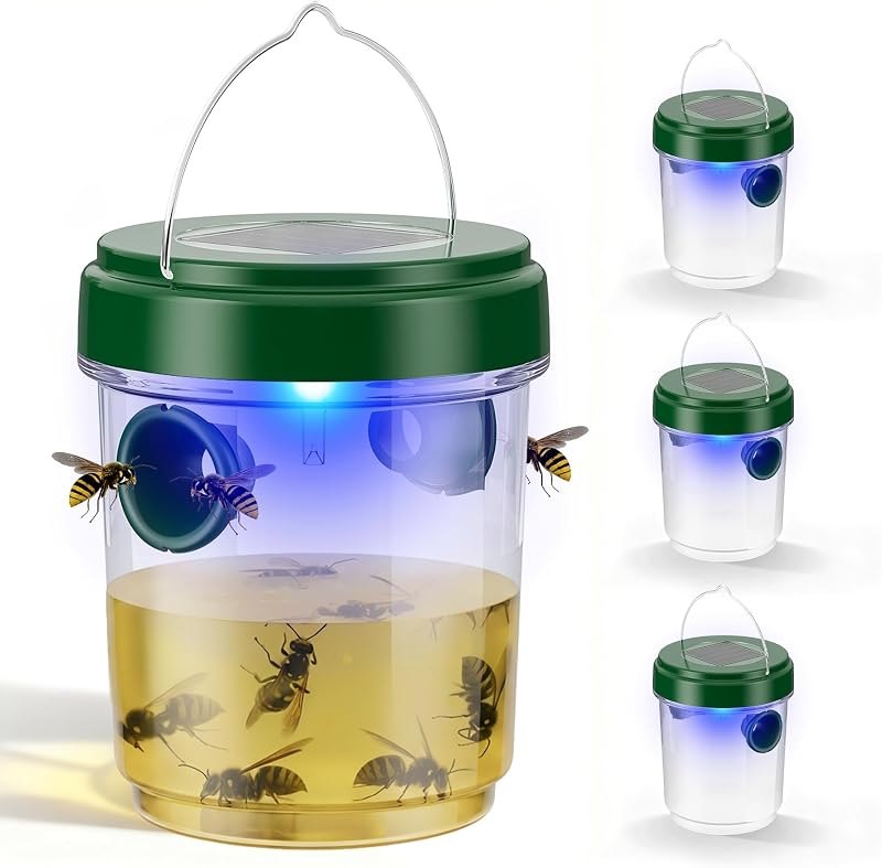 Wasp Trap Outdoor Hanging 4 Pack, Solar Powered Reusable Wasp & Yellow Jacket Trap with LED Light, Carpenter Bee