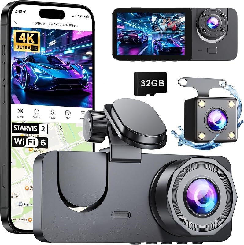 Dash Cam Front and Rear Inside, 4K Full HD 3 Channel Dash Camera for Car — 4K for best dash cam under 40
