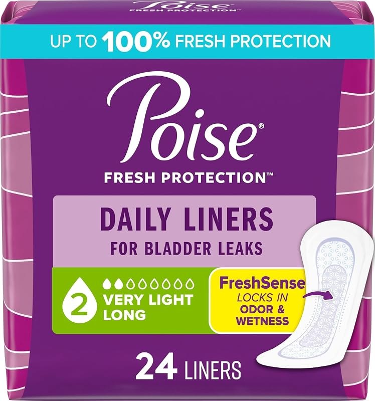Poise Daily Liners, Incontinence Panty Liners for Bladder Leaks, 2 Drop Very Light Absorbency, Long Length, 24 Count
