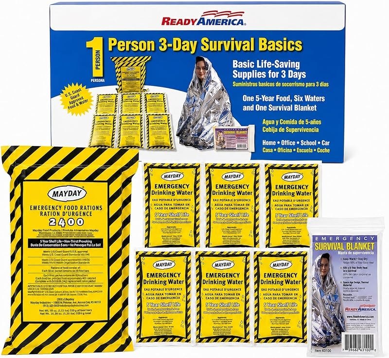 Ready America 3000 Survival Box 1-Person 3-Day, Food Water Blanket — Water storage and first-aid refills. for water