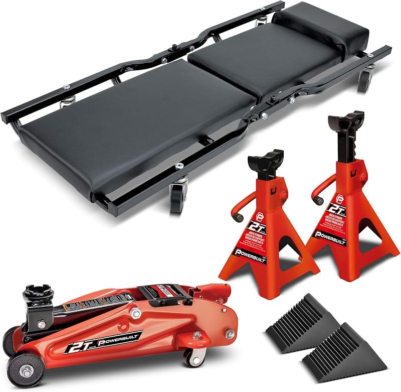 Powerbuilt 6 Piece Car Jack and Garage Creeper Service Set, 2 Ton Vehicle Lift, Jackstands, Folding Creeper, Wheel