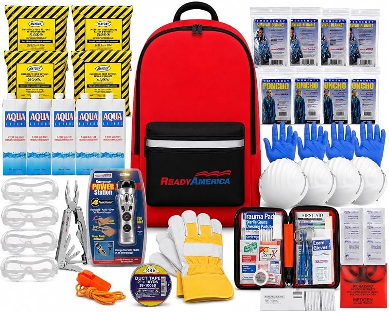 Ready America 72 Hour Deluxe Emergency Kit, 4-Person 3-Day Backpack, First Aid Kit, Survival Blanket, Power Station