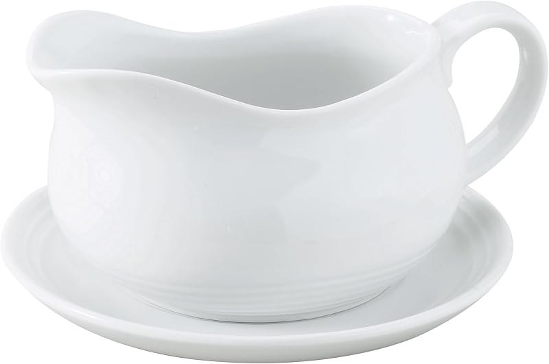 HIC Kitchen Hotel Gravy Boat With Saucer, Fine Porcelain, 24-Ounce Capacity For Gravy, Sauce, Au Jus, Dressing
