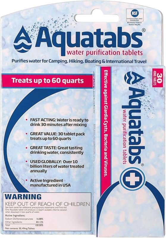 Aquatabs 49mg Water Purification Tablets, 30 Pack, EPA & NSF Certified — best Best products for off grid and for