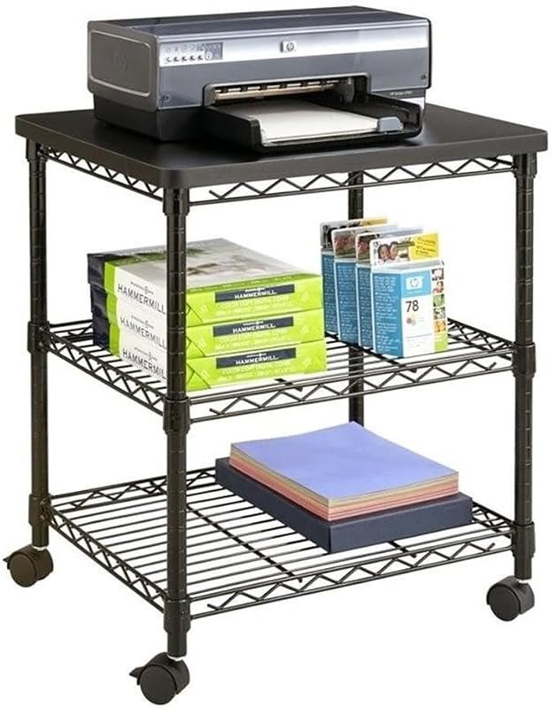 Safco Deskside 3 Tier Rolling Cart Printer Stand, Mobile Utility Table for Home Office with Steel Shelves, Black —