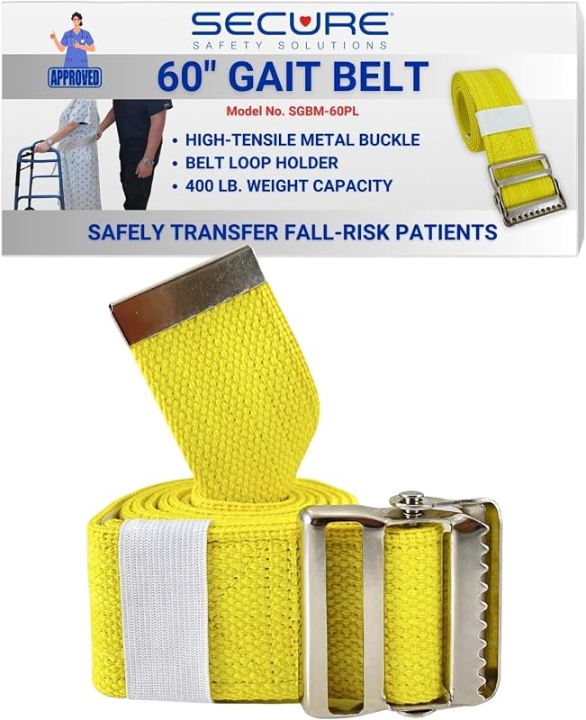 Secure Safety Solutions Gait Belt for Seniors with Metal Buckle, 60 inch, Yellow - Medical Transfer and Walking