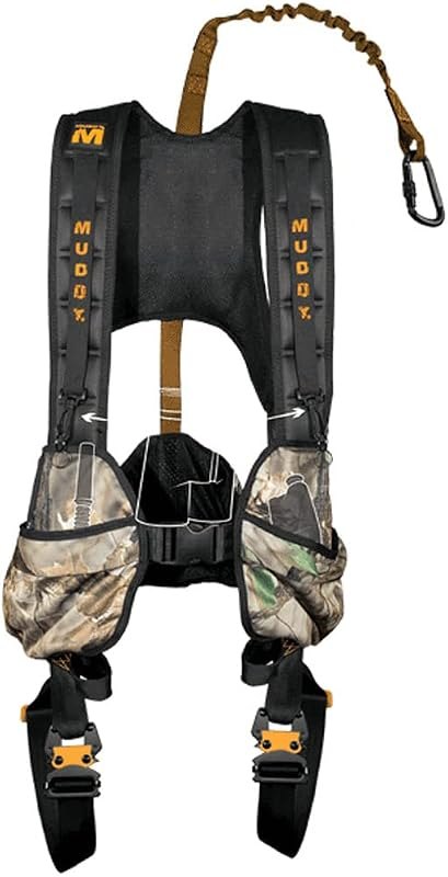 Muddy Hunting Tree Stand Safety Systems Lightweight Padded Nylon Quick-Release Crossover Harness Combo, Small/Medium —