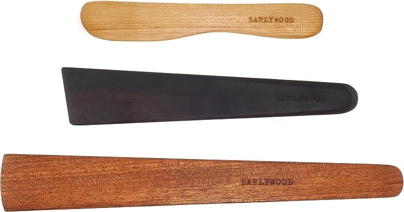 3-Piece Wooden Kitchen Cooking Utensil Set - Comes w/a Thin Wood Spatula Flipper, Cast Iron Scraper Stirrer and Butter