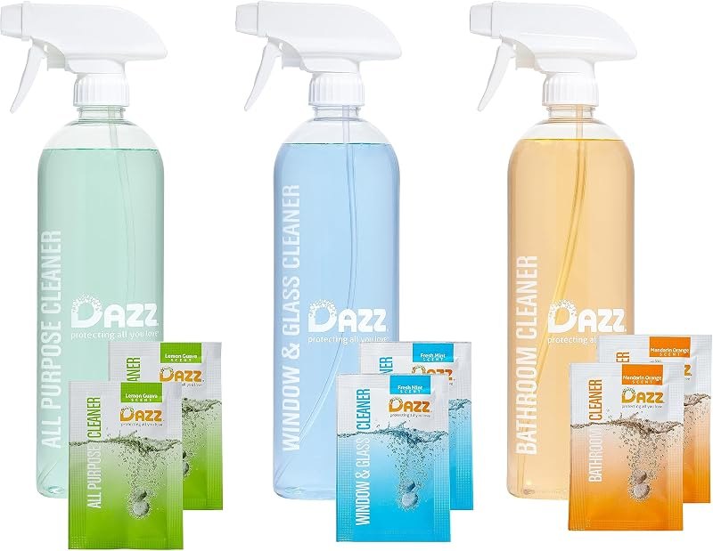 DAZZ Whole House Starter Kit (3 Reusable Spray Bottles, 6 Refills) Natural All Purpose Cleaner, Glass and Window