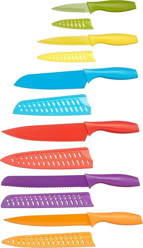 Amazon Basics Color-Coded Dishwasher Safe Kitchen Knife Set, 12-Piece with Ergonomic Handles, Non-stick Sharp Blades