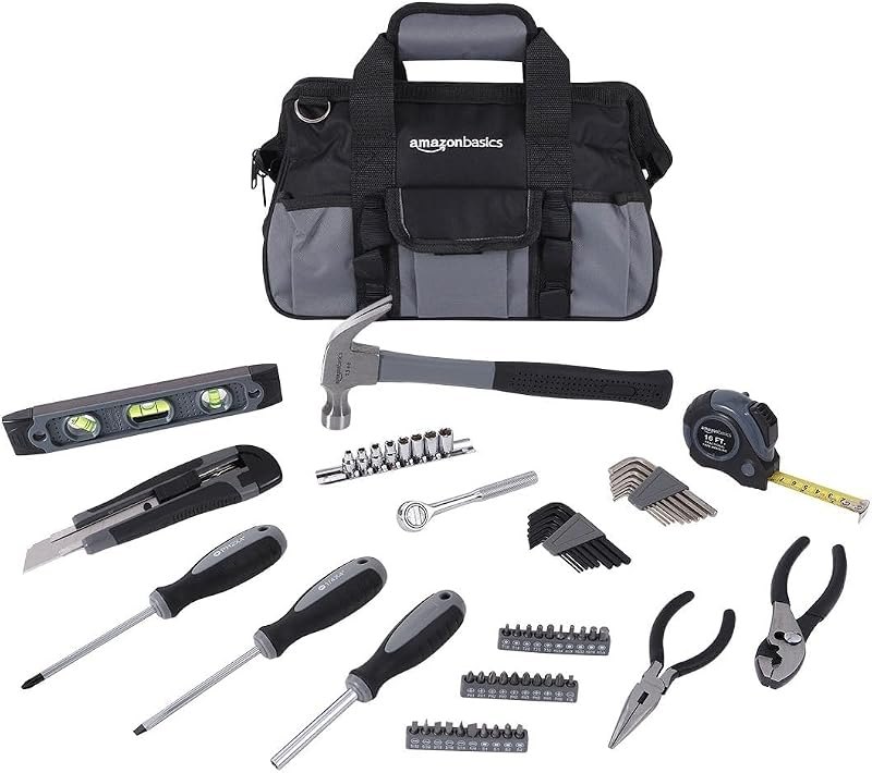 Amazon Basics 65 Piece Home Repair Tool Kit Set With Carrying Bag, Hand Tools, Socket Set, SAE and Metric, Silver