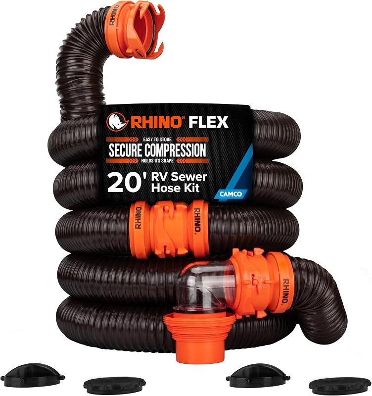 Camco RhinoFLEX 20-Ft Complete RV Sewer Hose Kit - Made in the USA — Sewer hoses, regulators, and chocks. for sewer