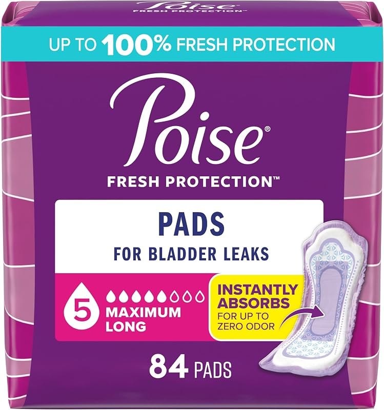 Poise Incontinence & Postpartum Pads for Bladder Leaks, 5 Drop Maximum Absorbency, Maximum Long, 84 Count, Packaging