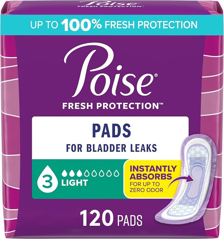 Poise Incontinence Pads & Postpartum Incontinence Pads, 3 Drop Light Absorbency, Regular Length, 120 Count (4 Packs of