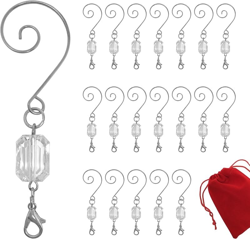 Clear Ornament Hooks Set of 20, Silver Swivel Wire Hangers with Acrylic Gem, 3 Inch Decorative Christmas Ornament